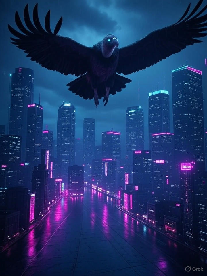 Neon-lit vulture with glowing cybernetic eyes in a futuristic city